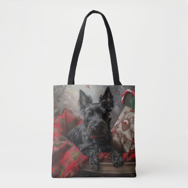 Bolso De Tela Terrier Escocés Navidad Festiva (Anverso)