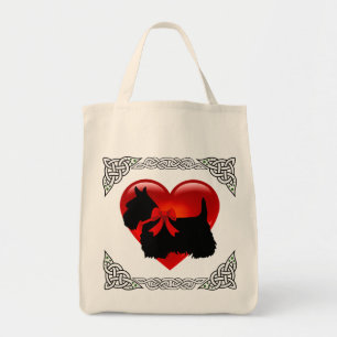 Bolso De Tela Terrier escocés negro, trenza celta, corazón rojo