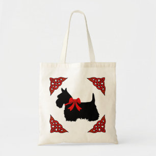 Bolso De Tela Terrier escocés negro, trenza celta roja, lazo
