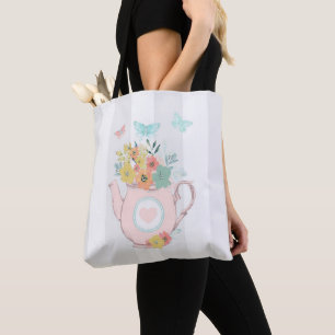 Bolso De Tela Tetera rosa con flores y mariposas