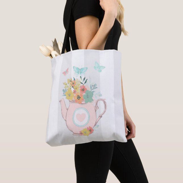 Bolso De Tela Tetera rosa con flores y mariposas (Detalle)