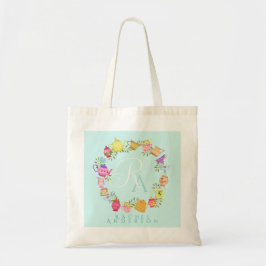 Bolso De Tela Teteras y Tazas Monograma Azul Pastel
