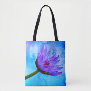 Bolso De Tela Texto azul púrpura del cuadrado tropical del
