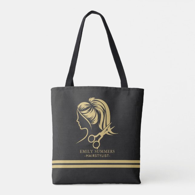 Bolso De Tela Texto del personalizado del logotipo del peluquero (Reverso)