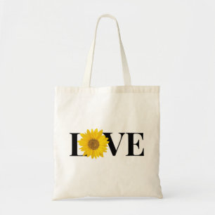Bolso De Tela Texto negro "Amor" con girasol amarillo