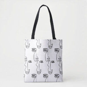 Bolso De Tela Textura con caras abstractas. Una línea continua p