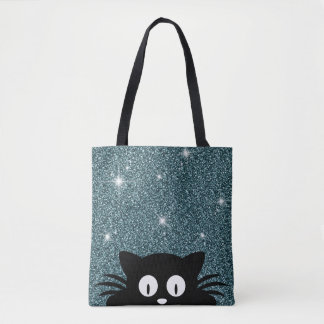 Bolso De Tela Textura de brillo falso azul con un gato