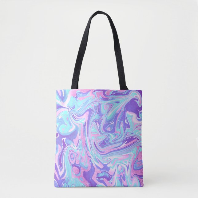 Bolso De Tela Textura líquida de Mármol Azul y Morado Pastel (Anverso)
