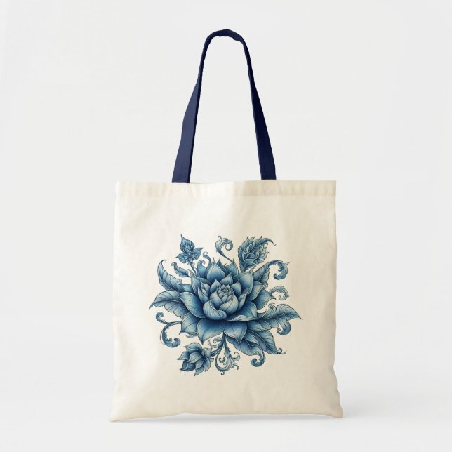 Bolso De Tela Thai Blue Lotus, arte tailandés, diseño tailandés, (Frente)