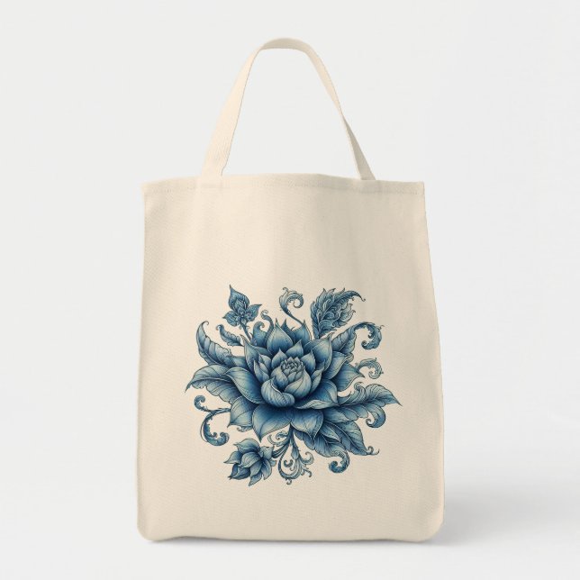 Bolso De Tela Thai Blue Lotus, arte tailandés, diseño tailandés, (Frente)