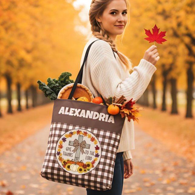 Bolso De Tela Thanksgiving Give Thanks To The Lord Brown Plaid (Subido por el creador)
