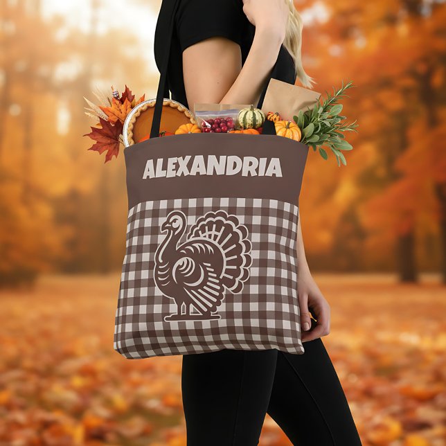 Bolso De Tela Thanksgiving Turkey Brown & Tan Plaid Name (Subido por el creador)