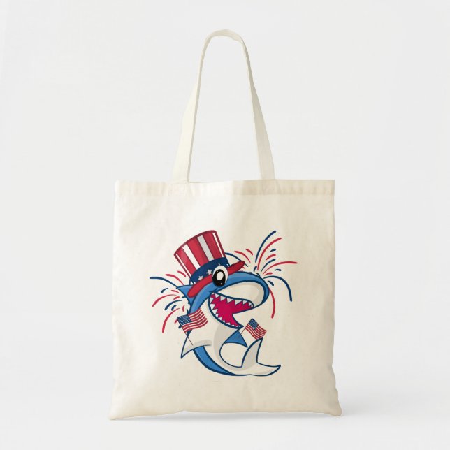 Bolso De Tela Tiburón patriótico azul rojo 4 de julio (Frente)