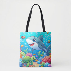 Bolso De Tela Tiburón y tortuga submarinos coloridos tropicales/