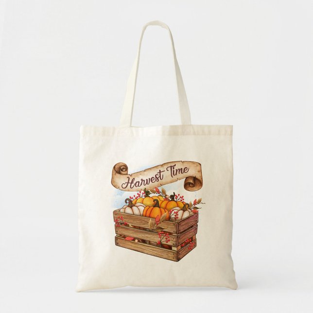 Bolso De Tela Tiempo de cosecha (A beautifully designed tote bag featuring a wooden crate filled with vibrant pumpkins!)