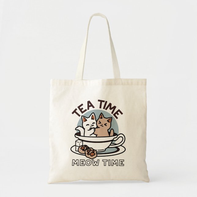 Bolso De Tela Tiempo de embutido de té - Diseño de gato y té lin (Frente)