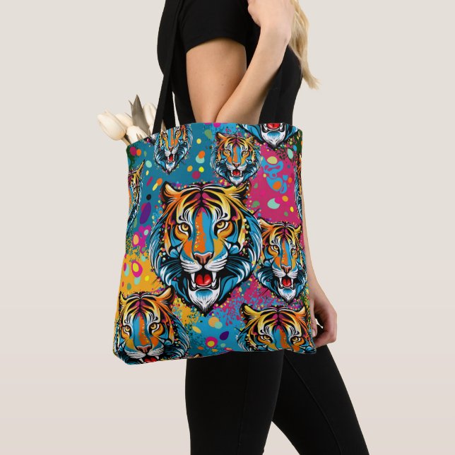 Bolso De Tela Tiger Head Rainbow colors paint stains (Detalle)