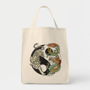 Bolso De Tela Tigre blanco contra dragón verde en Yin yang