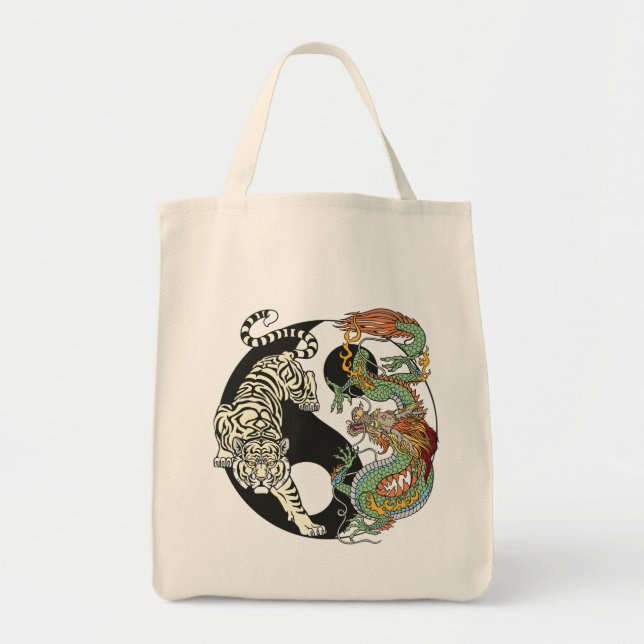 Bolso De Tela Tigre blanco contra dragón verde en Yin yang (Frente)
