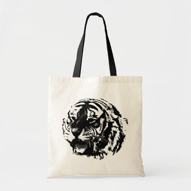 Bolso De Tela Tigre de arte pop blanco y negro (Frente)