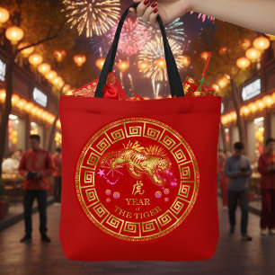 Bolso De Tela Tigre del Zodiaco Chino Rojo/Dorado ID542