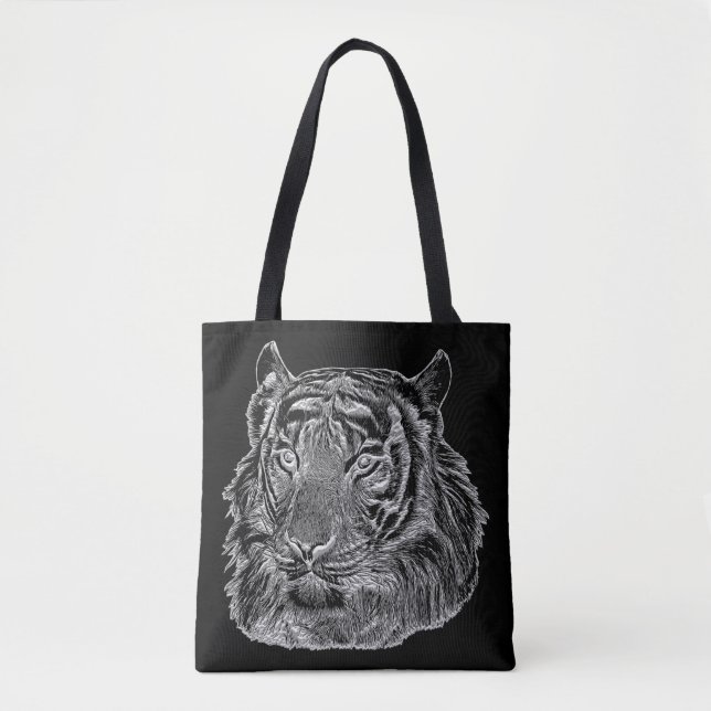 Bolso De Tela tigre plateado cromado cara naturaleza animal arte (Anverso)