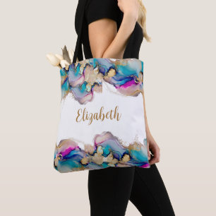 Bolso De Tela Tinta Alcoholica Acuarela Morado Azul Dorado Monog