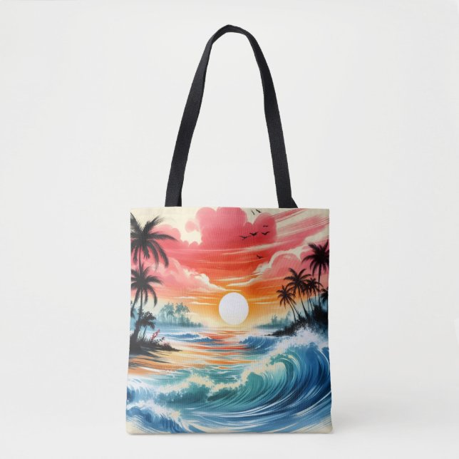 Bolso De Tela Tinta japonesa dibujando el océano ondea playa tro (Anverso)