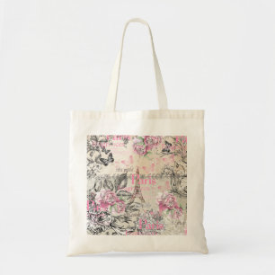 Bolso De Tela Tipografía floral rosada elegante de la torre