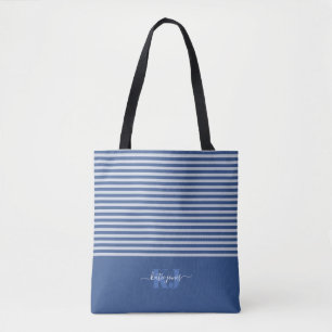 Bolso De Tela Tipografía mínima retro   Monograma azul
