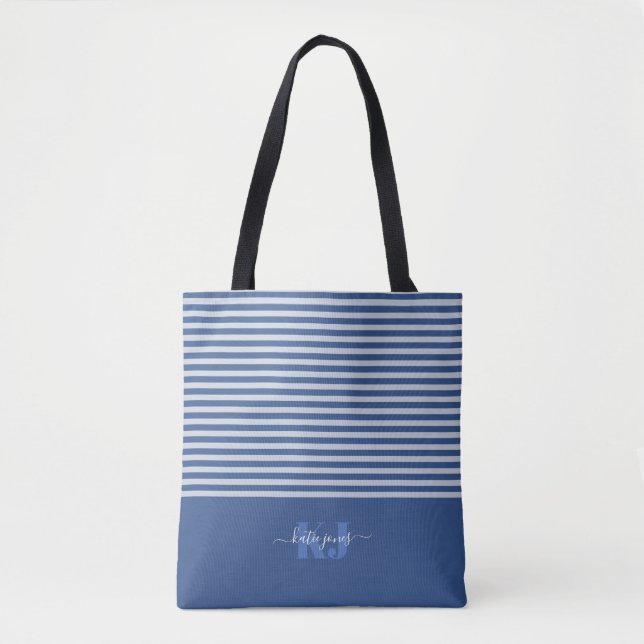Bolso De Tela Tipografía mínima retro | Monograma azul (Anverso)