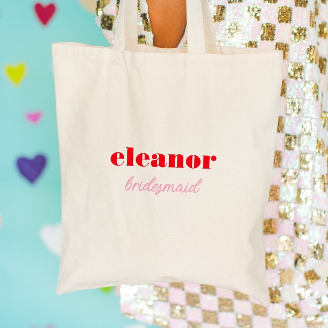 Bolso De Tela Tipografía Negra Roja y Rosa para Damas de Honor B (Red and Pink Bold Typography Bridesmaid Wedding Canvas Tote Bag)