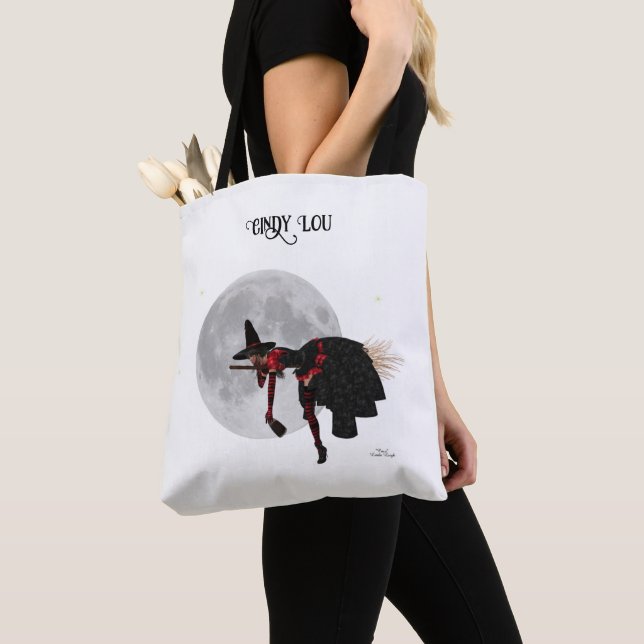 Bolso De Tela Tipsy Witch On Flying Broom Tote Bag (Detalle)