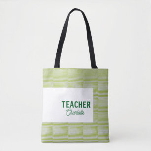 Bolso De Tela Tiras blancas y verdes lima profesor nombre c