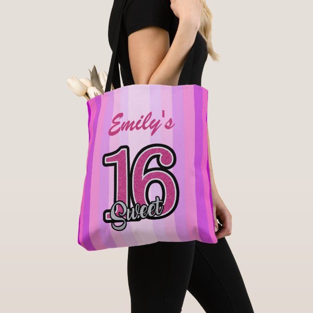 Bolso De Tela Tiras Y Purpurinas Púrpura Y Rosa (Detalle)