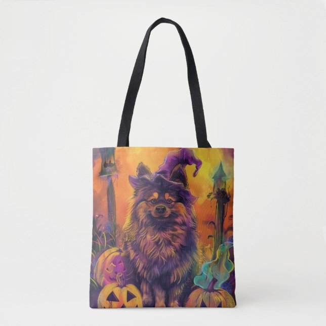 Bolso De Tela Tocante Perro Keeshond Halloween Bruja Y Calabaza (Anverso)