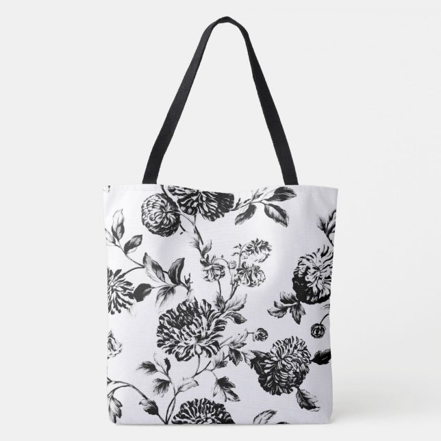Bolso De Tela Toile floral moderno negro y blanco (Reverso)