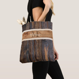 Bolso De Tela Tono de madera rústica monograma de banda horizont