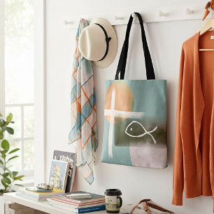 Bolso De Tela Tonos tierra cruz y arte minimalista de peces