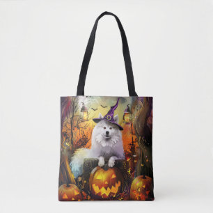 Bolso De Tela Tonto Samoyed Perro Halloween Bruja Y Calabaza