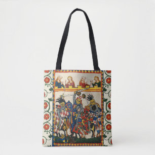 BOLSO DE TELA TORNEO MEDIEVAL, CABALLEROS QUE LUCHAN, DAMISELAS