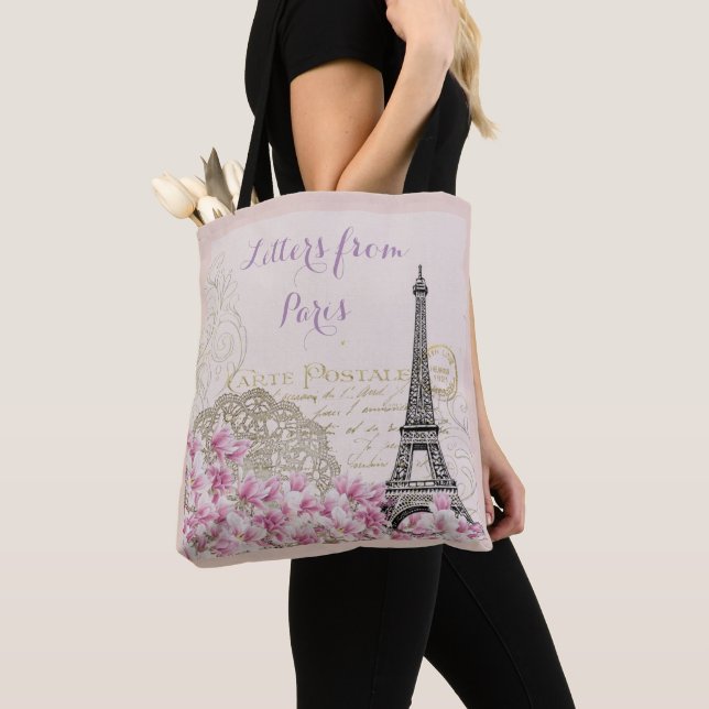 BOLSO DE TELA TORRE EIFFEL DE PARÍS, LETRAS ROMÁNTICAS FLORALES (Detalle)