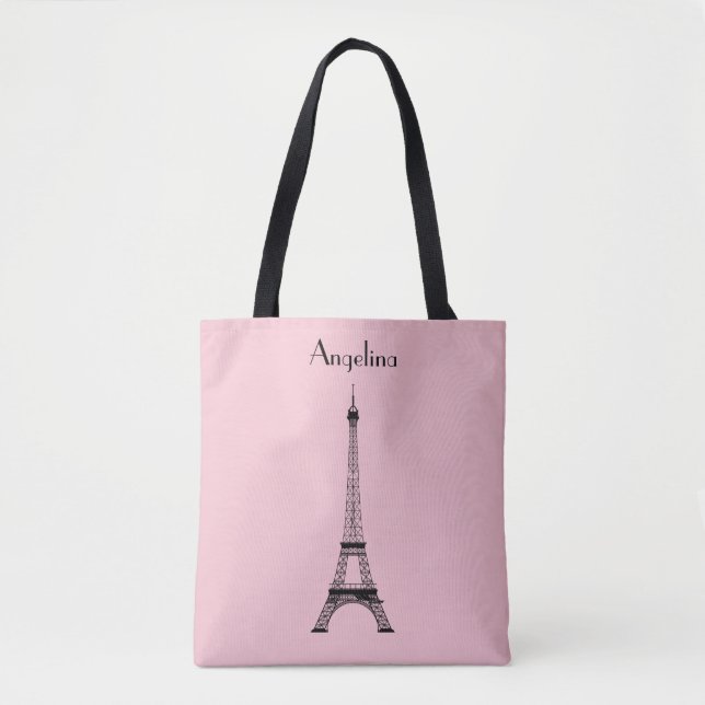 Bolso De Tela Torre Eiffel de París Negro Rosa con nombre (Anverso)