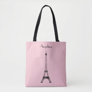 Bolso De Tela Torre Eiffel negra rosada de París con nombre