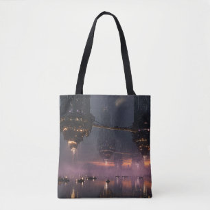 Bolso De Tela Torres futuristas flotando sobre el puerto