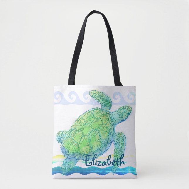 Bolso De Tela Tortuga de mar azul y verde (Anverso)
