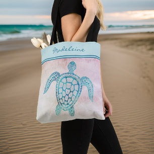 Bolso De Tela Tortuga Marina Azul Turquesa en Acuarela sobre Mon
