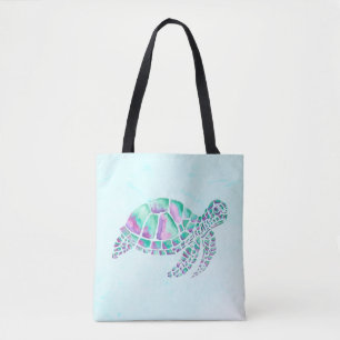 Bolso De Tela Tortuga marina rosa y Verde azulada en azul