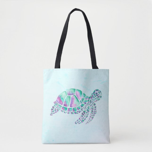 Bolso De Tela Tortuga marina rosa y Verde azulada en azul (Anverso)