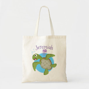 Bolso De Tela Tortuga marina verde suave feliz ilustracion perso